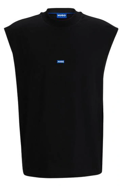 Hugo Boss Sleeveless Cotton-jersey T-shirt With Blue Logo Label In Black