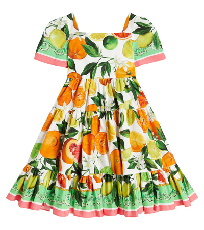 Dolce & Gabbana Kids' Printed Tiered Cotton Poplin Dress In Arance&limoni Verde