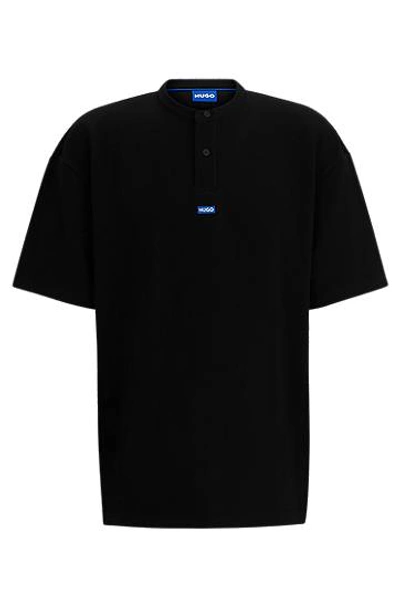Hugo Boss Cotton-blend Loose-fit T-shirt With Henley Neckline In Black