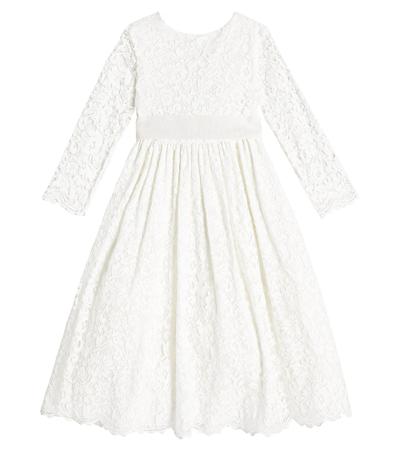 Il Gufo Kids' Lace-pattern Bow-fastening Dress In Milk