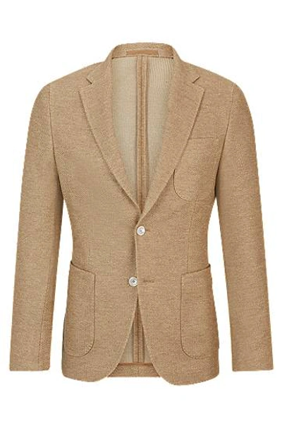 Hugo Boss Slim-fit Jacket In Micro-patterned Linen And Cotton In Beige