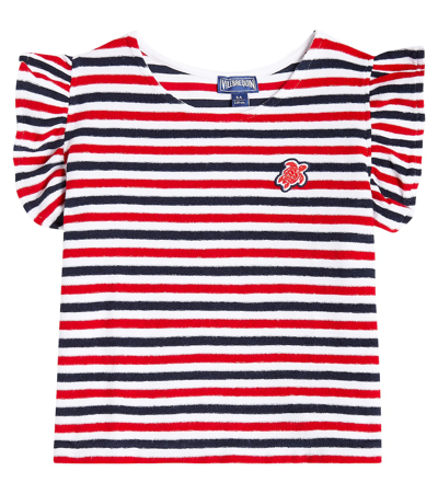 Vilebrequin Kids' Genny Striped Ruffled Cotton Top In Blanc Marine / Rouge