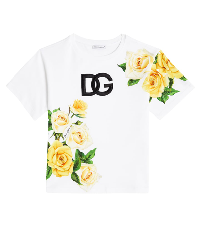 Dolce & Gabbana Kids' Floral Cotton Jersey T-shirt In Rose Gialle Fdo Bco