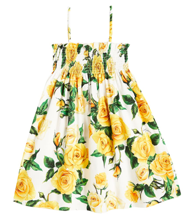 Dolce & Gabbana Kids' Kleid Aus Baumwollpopeline Mit Druck In Weiss,gelb