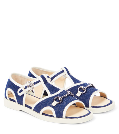 Gucci Kids' Horsebit Leather-trimmed Sandals In Panna/navy/mys.white