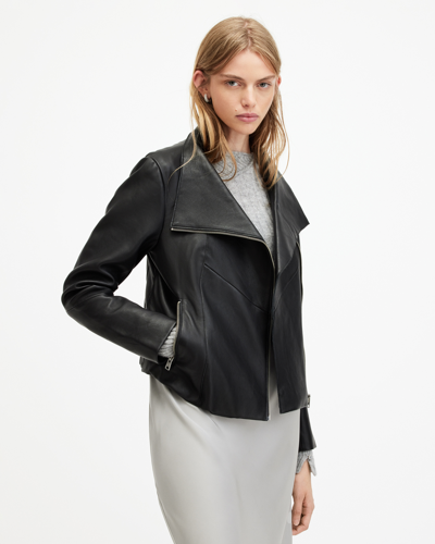 Allsaints Gray Funnel Neck Draped Leather Jacket In Black