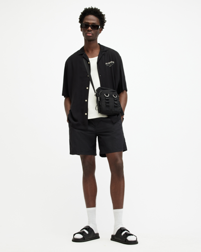 Allsaints Warden Elastic Waist Ramskull Swimshorts In Jet Black