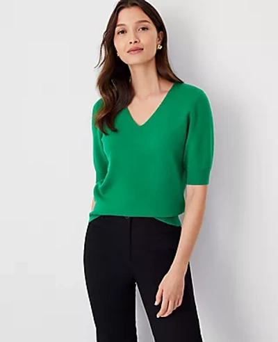 Ann Taylor V-neck Puff Sleeve Sweater Tee In Grass Green