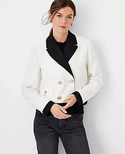 Ann Taylor The Petite Blocked Cropped Double Breasted Blazer In Tweed In Winter White