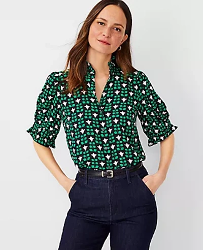 Ann Taylor Petite Floral Tile Ruffle Button Top In Grass Green