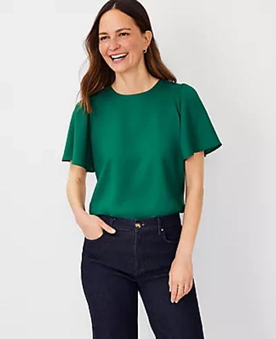 Ann Taylor Petite Shirred Short Sleeve Top In Fresh Evergreen