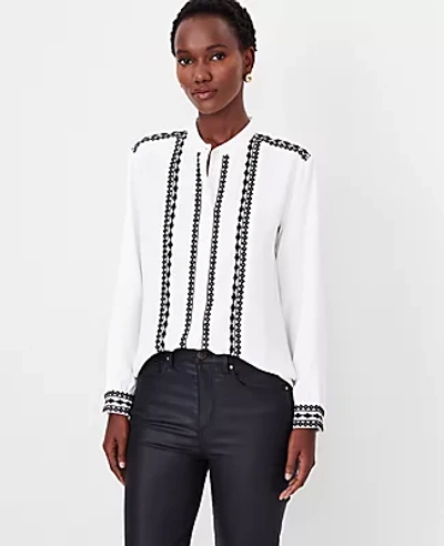 Ann Taylor Petite Embroidered Split Neck Top In Winter White