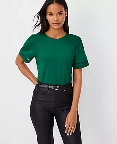 Ann Taylor Petite Lace Inset Puff Sleeve Top In Fresh Evergreen
