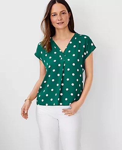 Ann Taylor Petite Dot Mixed Media Pleat Front Top In Fresh Evergreen