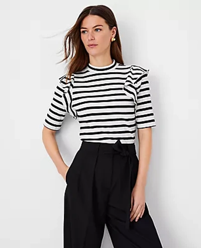 Ann Taylor Petite Stripe Ruffle Shoulder Mock Neck Top In Ww - Black