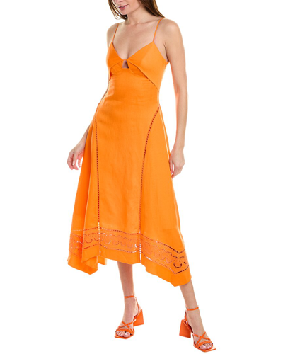Simkhai Valeria Scarf Embroidered Linen Handkerchief Midi Dress In Orange