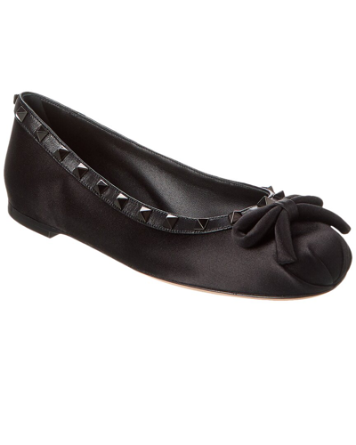 Valentino Garavani Rockstud Satin Bow Ballerina Flats In Black