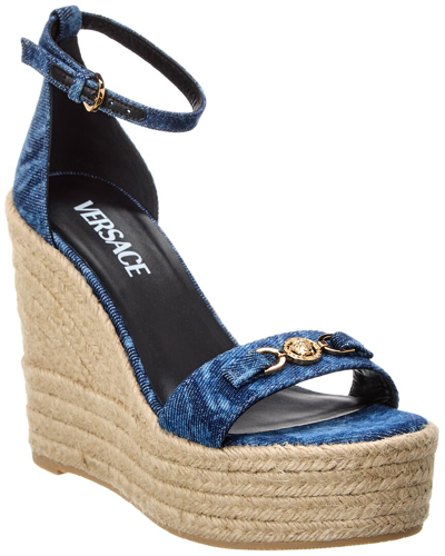 Versace Barocco Denim Wedge Sandal In Blue