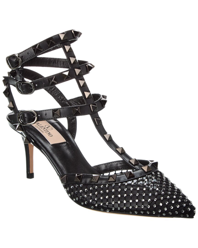 Valentino Garavani Rockstud Caged 65 Mesh & Leather Ankle Strap Pump In Black