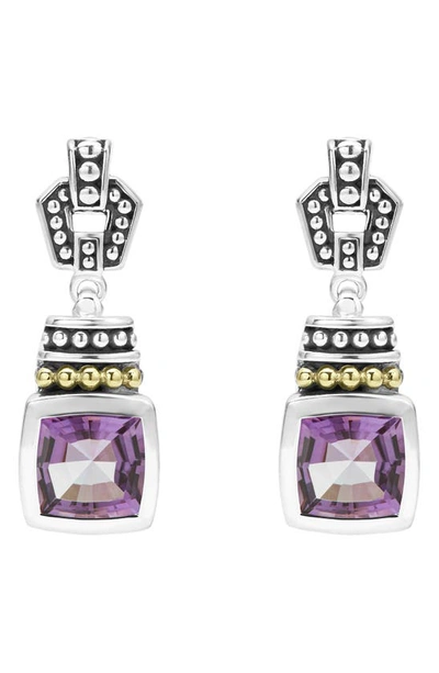 Lagos 18k Gold & Sterling Silver Caviar Color Amethyst Drop Earrings