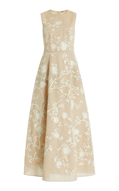 Adam Lippes Eloise Floral Vine Embroidered Cotton Burlap Maxi Dress In Neutral