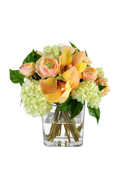 Diane James Designs Cymbidium Orchids And Snowballs In Glass Cube In Orange