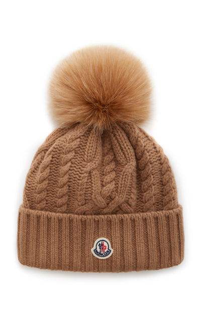 Moncler Fur-trimmed Ribbed-knit Wool Beanie In Brown