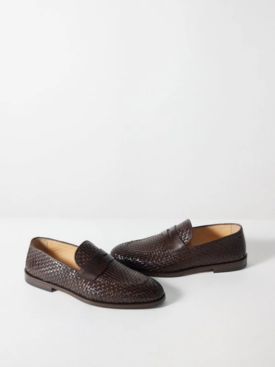 Brunello Cucinelli Men's Woven Leather Penny Loafers In Ebano