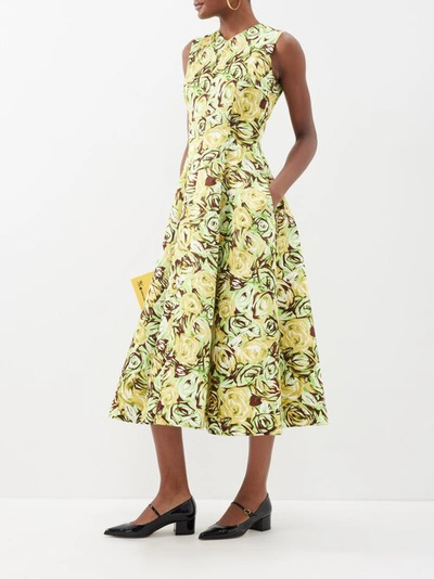 Emilia Wickstead Madi Rose-print Satin Midi Dress In Abstract Roses Green/lemon