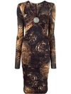 ROBERTO CAVALLI BROWN RUCHED ANIMAL-PRINT MIDI DRESS