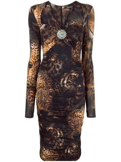 Roberto Cavalli Ruched Animal-print Midi Dress In Rust