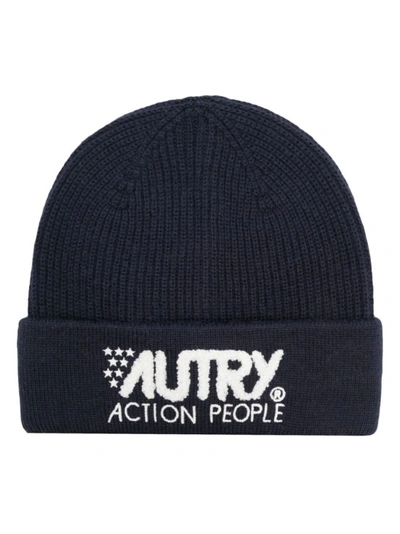 Autry Navy Blue Embroidered-logo Knitted Beanie In Black