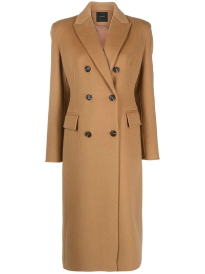 Pinko Camel Brown Double-breasted Wool Coat In Neutrals