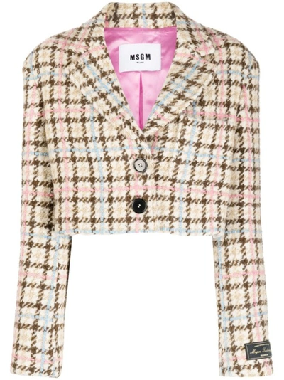 Msgm Single-breasted Tweed Cropped Blazer In Multicolore