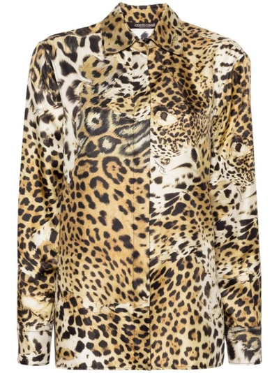 Roberto Cavalli Leopard-print Silk Shirt In Brown