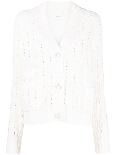 Allude Crystal Embellished Knit Cardigan In White