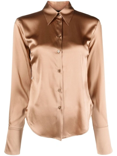 Pinko Blush Beige Long-sleeve Silk Shirt In Brown