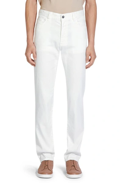 Zegna Roccia Garment Dyed Stretch Linen & Cotton Slim Fit Jeans In Bianco