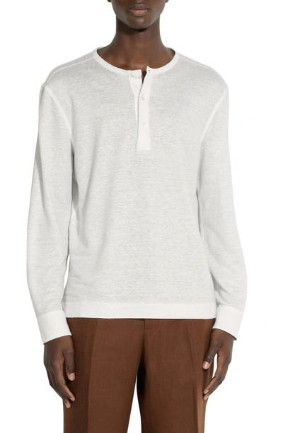 Zegna Long Sleeve Linen Knit Henley In Bianco