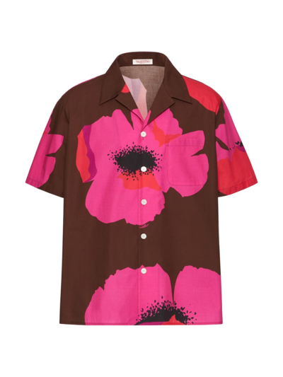 Valentino Cotton Poplin Bowling Shirt With Flower Portrait Print In タバコ/pink Pp