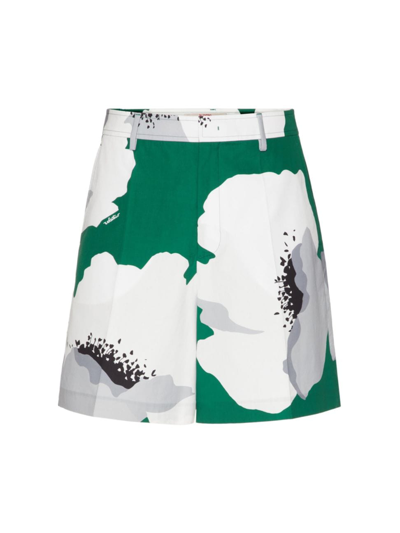 Valentino Cotton Poplin Bermuda Shorts With Flower Portrait Print In Green,white