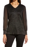 Ming Wang Sheer Sleeve Shimmer Knit Tunic In Black/gold
