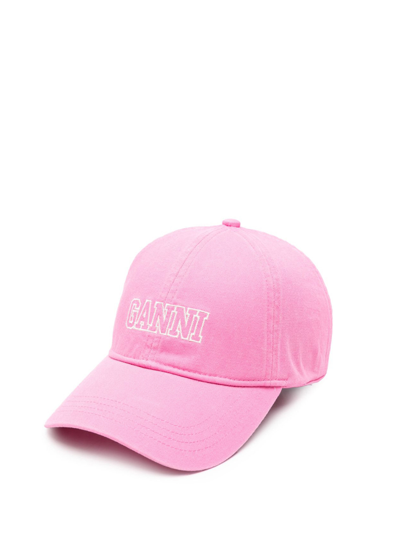 Ganni Logo刺绣棉棒球帽 In Pink