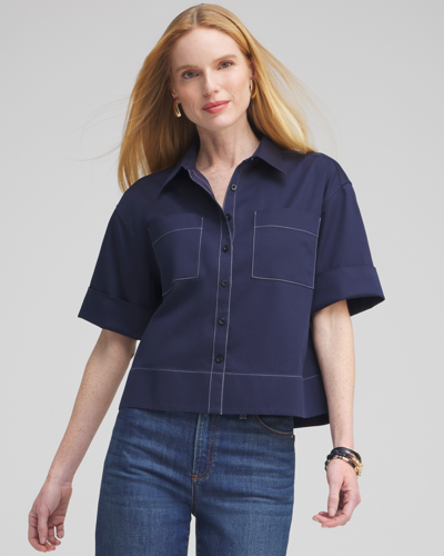 Chico's No Iron Stretch Short Sleeve Shirt In Navy Blue Size Small |