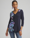 CHICO'S FLORAL HENLEY SIDE SLIT TUNIC TOP IN NAVY BLUE SIZE 8/10 | CHICO'S