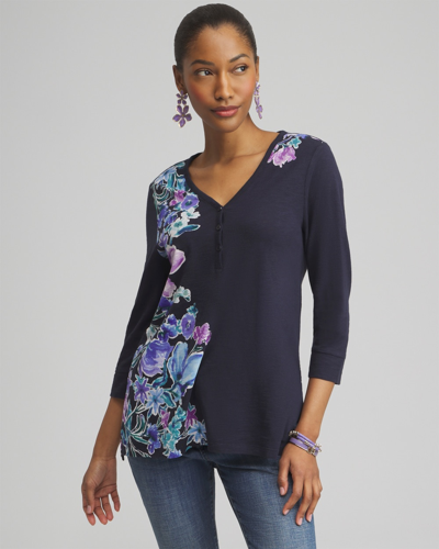 Chico's Floral Henley Side Slit Tunic In Navy Blue