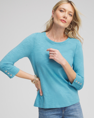 Chico's 3/4 Sleeve Button Tee In Blue Size Xxl |  In Cool Water