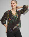 CHICO'S CHIFFON FLORAL RUFFLE SLEEVE BLOUSE IN BLACK SIZE 18 | CHICO'S