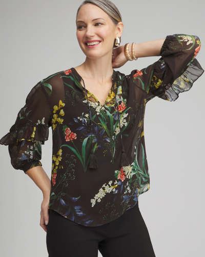 Chico's Chiffon Floral Ruffle Sleeve Blouse In Black Size Xl |