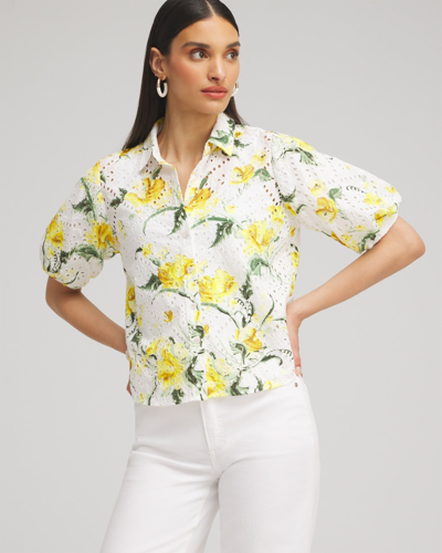 Chico's Floral Eyelet Shirt In Yellow Size Medium |  In Lemon Blossom